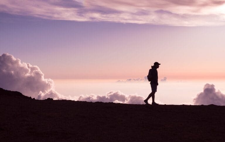 Man walking in the distance with a purple sky