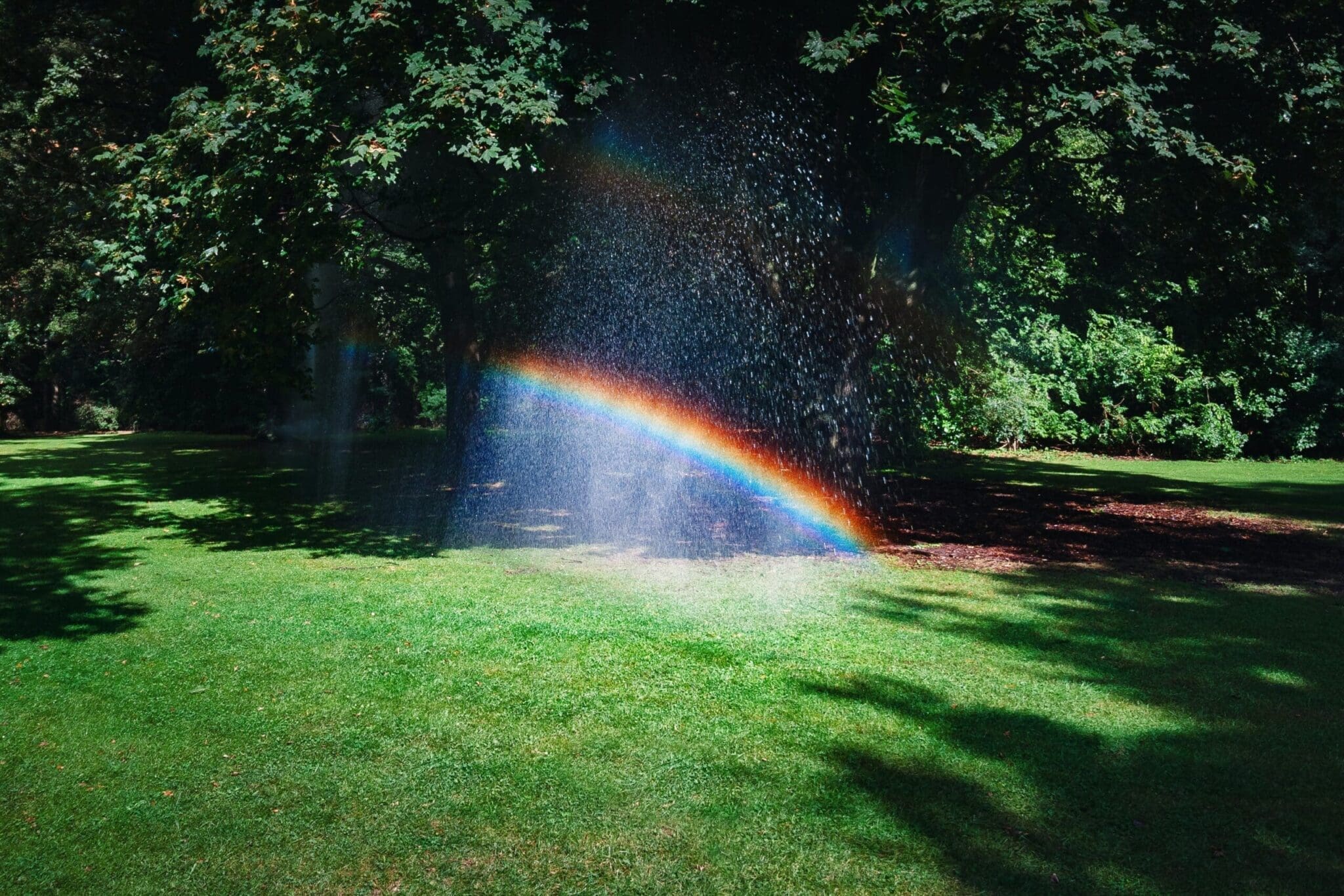 Rainbow created by a sprinkler on a hot day in Berlin